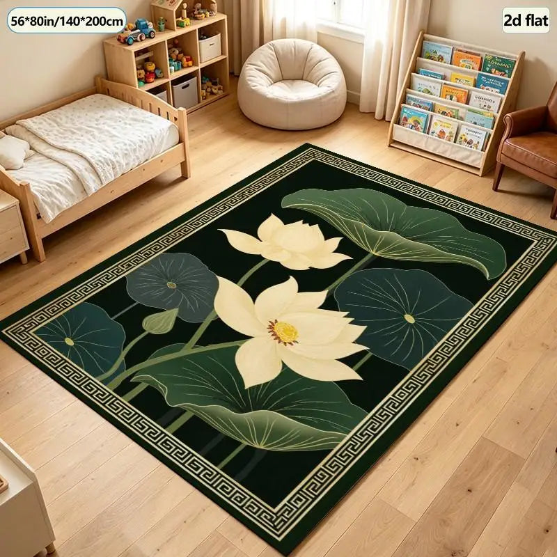 1 Piece Golden Lotus and Green Leaf Pattern Carpet, Soft and Comfortable, All Seasons, Light and Easy to Care For, Home Decor, Room Decor, Autumn, Winter, Suitable for Living Room, Bedroom, Entryway
