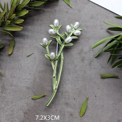 Creative Handmade Exquisite Green Plant Brooch Corsage Woman Retro Pearl Brooches Coat Accessories Jewelry