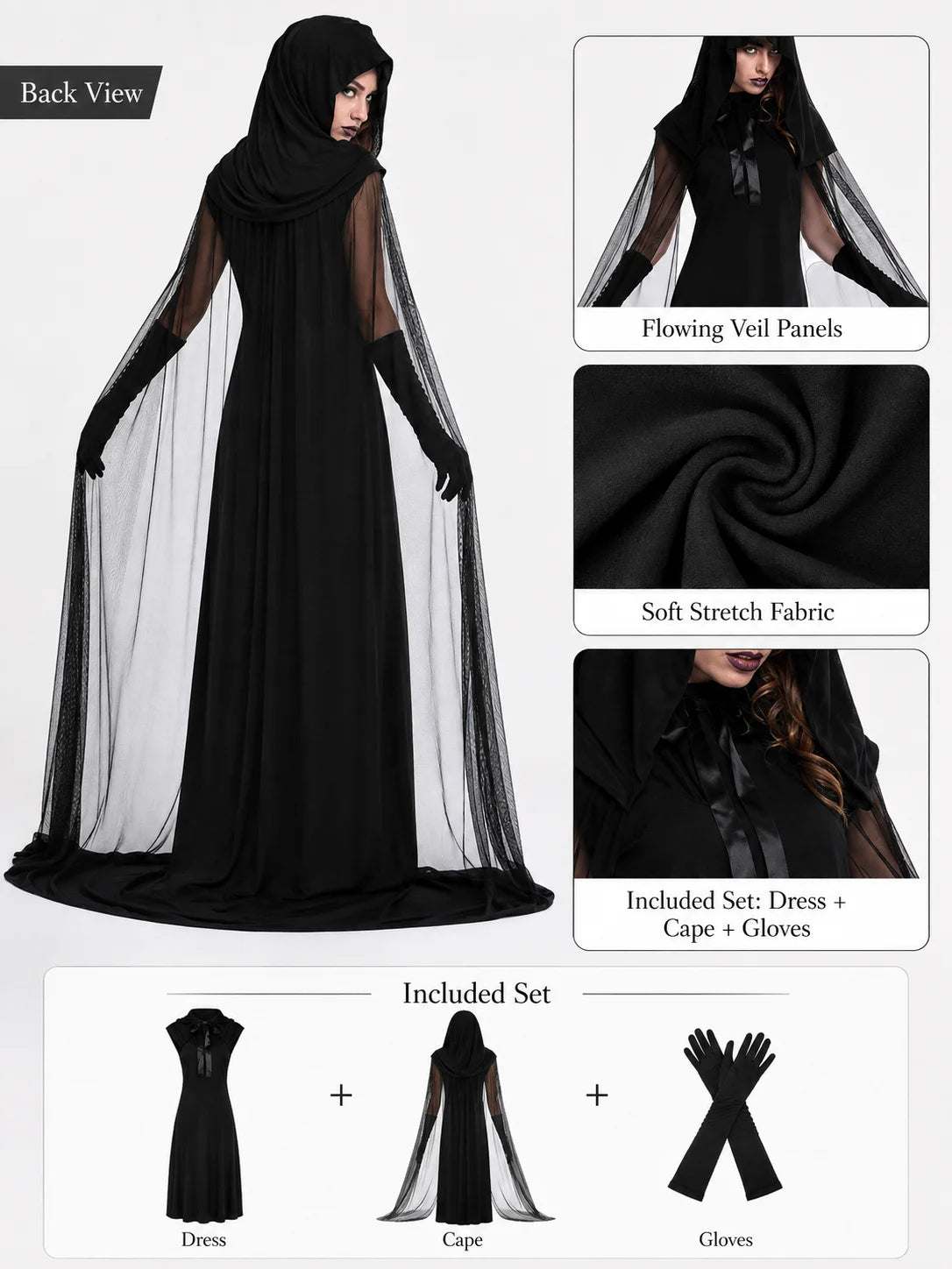 Hooded Sheer Mesh Cape Witch Costume for Women Sleeveless Black Long Maxi Robe with Long Gloves Halloween Ghost Vampire Cosplay Dark Spirit Carnival Fancy Dress Party Outfit