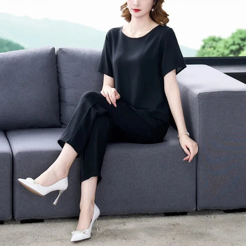 Cotton Silk Suit Summer Women's Sets New Casual Solid Color Short Sleeve Ankle-Length Pants 2 Piece Set Middle Age Mother Outfit