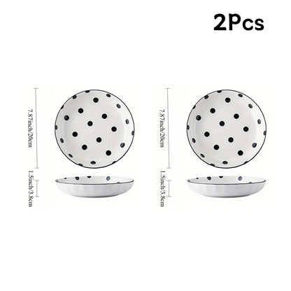 4Pcs Black Polka Dot Ceramic Plates Set,  Microwave Dishwasher Safe for Salad, Pasta, Dessert, Home Kitchen Tableware