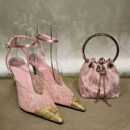 2026 Summer Fashion Lace Sequin Hollow Out Mesh Women Pumps Sexy Pointed Toe Designer Slingback Sandals Women High Heels 34-41