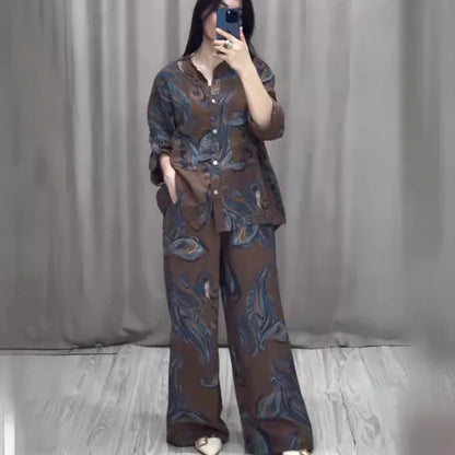 Fashion Printed Single Breasted Boho Shirt Elegant O-neck Single Breasted Shirt Wide Legs Trousers Office Commuter Two-piece Set