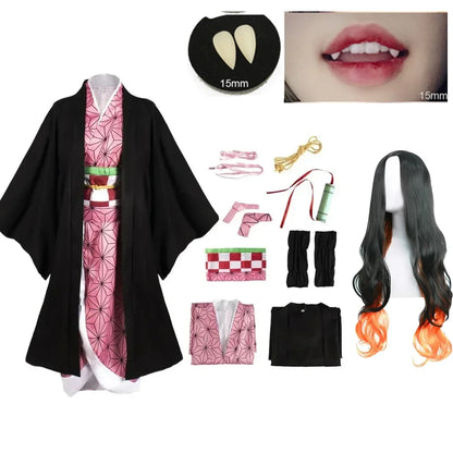 Animn Kamado Nezuko Cosplay Costume Kimono Cosplay Wigs Hairs Halloween Carnival Women Outfit