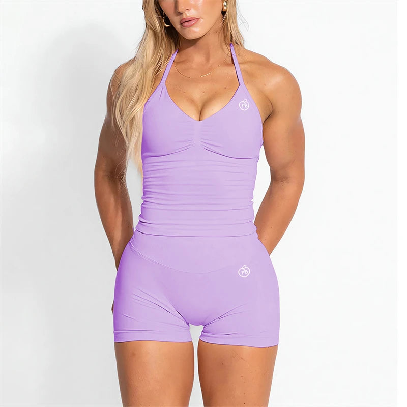 Bum PB Women Sports Yoga Suit Balance Scrunch Shorts Sets Gym Fitted Halter Built-in Bra With Cups Leggings Sets