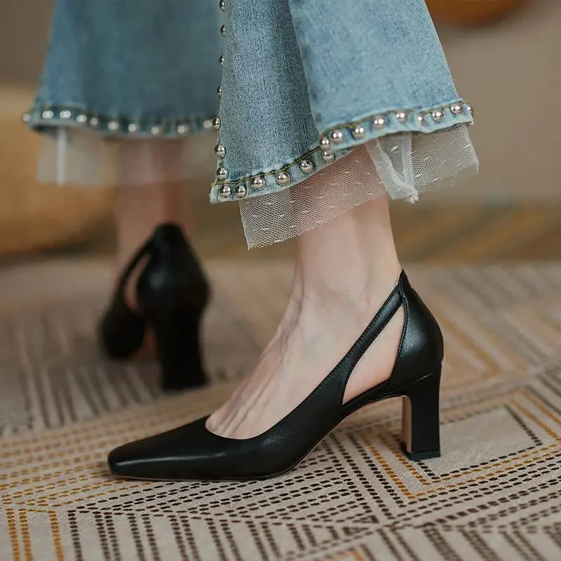 Woman Footwear Office High Heels Black Square Toe Block Heel On Heeled Luxury Leather Casual Pumps Chunky Shoes For Women L Y2k