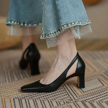 Woman Footwear Office High Heels Black Square Toe Block Heel On Heeled Luxury Leather Casual Pumps Chunky Shoes For Women L Y2k