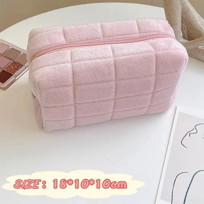 Solid Furry Large Cosmetic Storage Bag Zipper Makeup Organizer Multi‑Purpose Travel Toiletry Pouch Women Handbag Stationery Pencil Case Daily Gift Supply