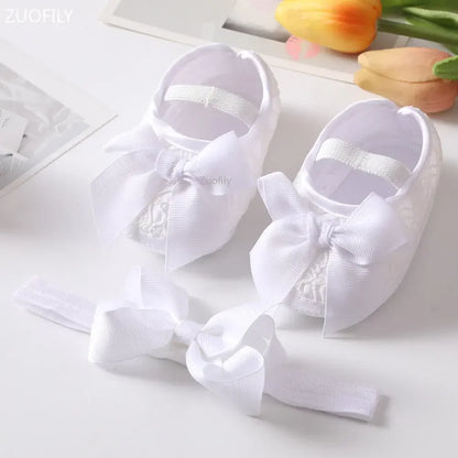 Spring Infant Baby Girl Shoes Newborn Lace Flowers Headband Anti-Slip Soft Sole First Walkers Toddler Kids Cotton Baptism Shoes