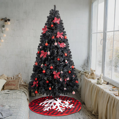 7.5FT Black Pre‑lit Artificial Christmas Tree, Hinged Xmas Tree with 350 Warm White LED Lights Remote Control, 1200 Branch Tips with Tree Skirt & Red Ornaments for Holiday Home Decor