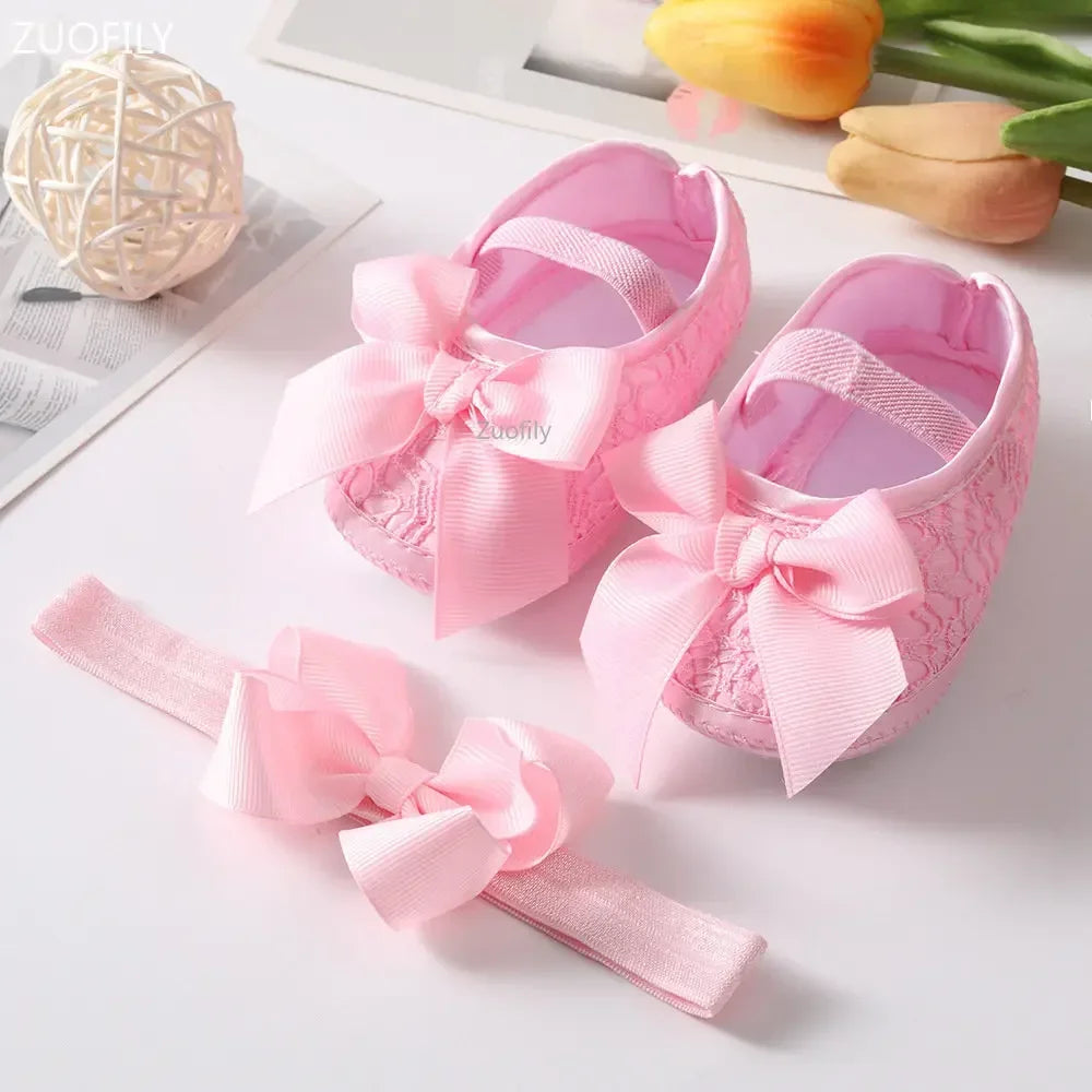Spring Infant Baby Girl Shoes Newborn Lace Flowers Headband Anti-Slip Soft Sole First Walkers Toddler Kids Cotton Baptism Shoes