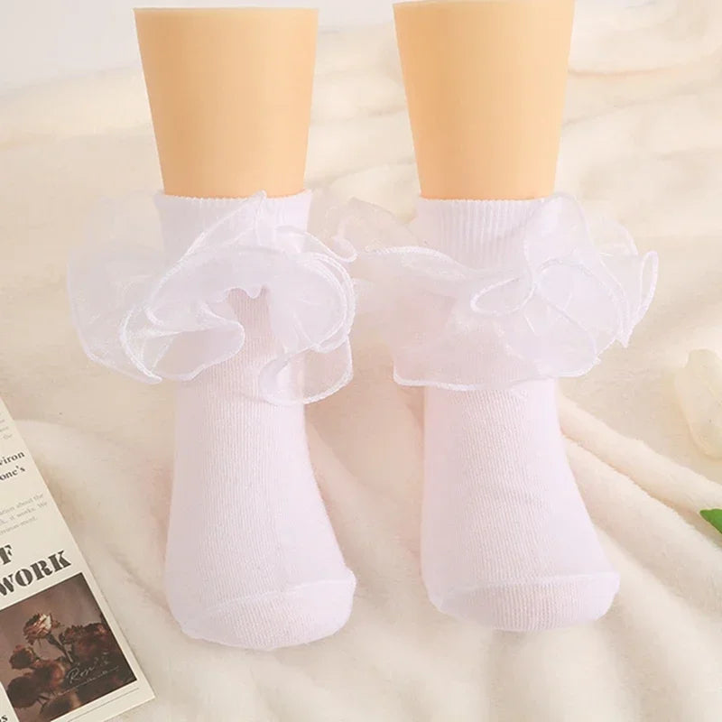 1 Pair Girls' Puffy Lace Socks Children's Combed Cotton Lace Lace Socks Baby Girl Skirt Accessories Solid Color Socks