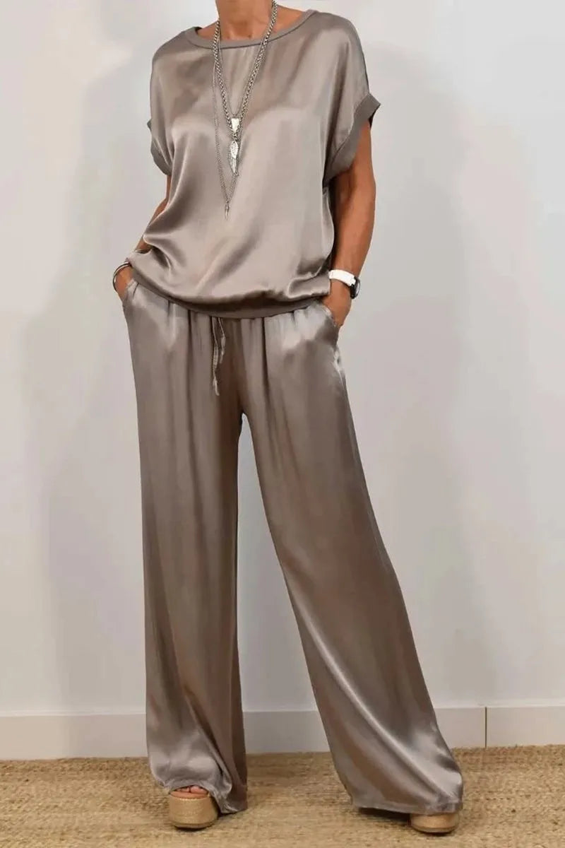 Summer Satin Two Piece Sets For Women V Neck Bat Sleeve Top Casual Loose Lace Up Wide-leg Pants 2 Piece Suit Female Home Outfits
