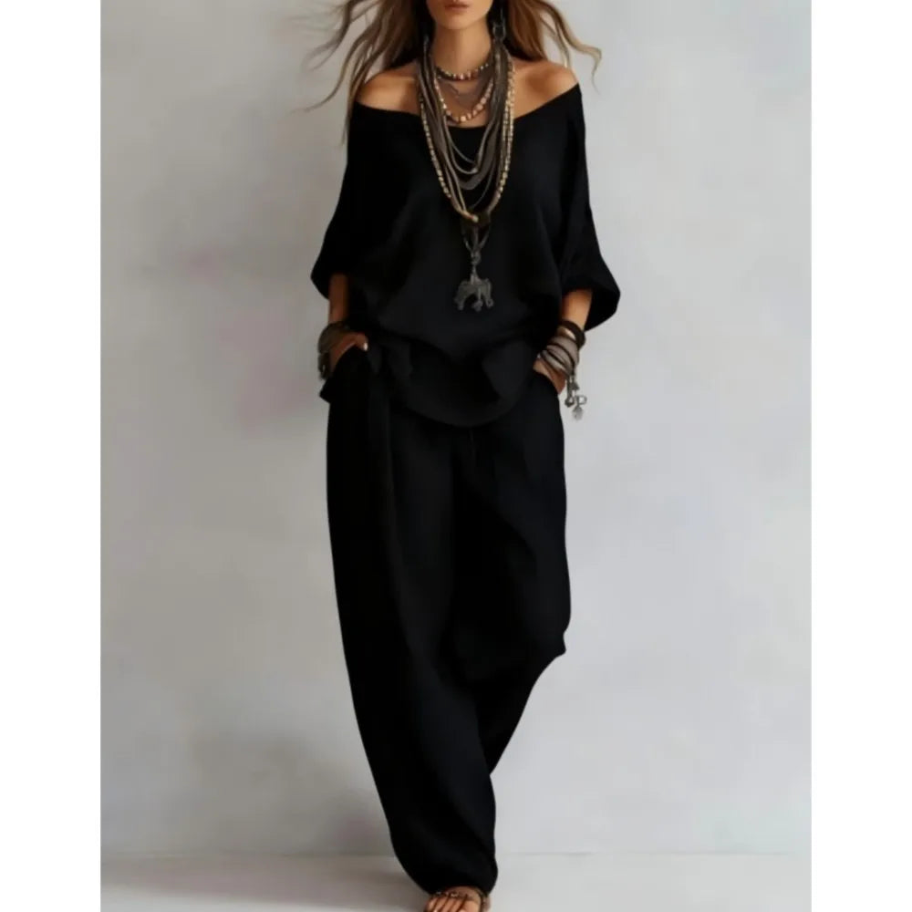 2026Fashion V Neck 7 Button Sleeve Women Top Set 2 Pieces Spring Summer Elegant Loose Fitting Wide Leg Pockets Pants Female Suit