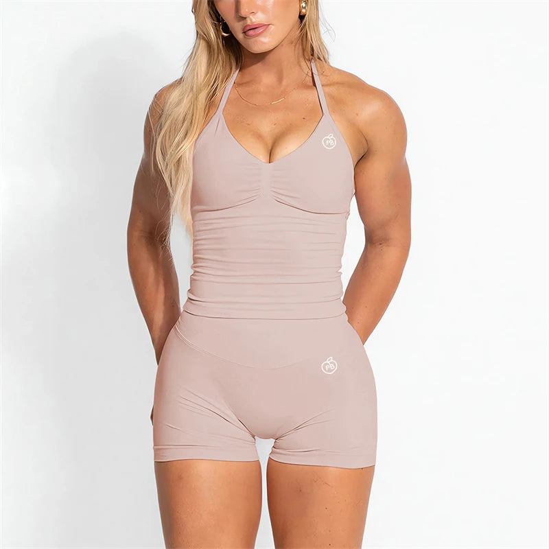 Bum PB Women Sports Yoga Suit Balance Scrunch Shorts Sets Gym Fitted Halter Built-in Bra With Cups Leggings Sets