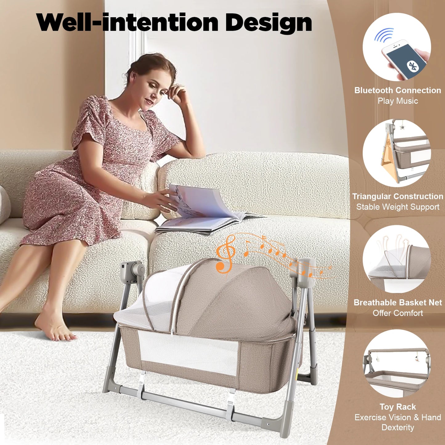 Baby Cradle Swing with Music, 5 Speed Electric Crib Auto Rocking Chair Bed, Foldable Baby Rocker for 0-36 Months, Khaki