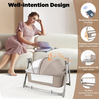 Baby Cradle Swing with Music, 5 Speed Electric Crib Auto Rocking Chair Bed, Foldable Baby Rocker for 0-36 Months, Khaki