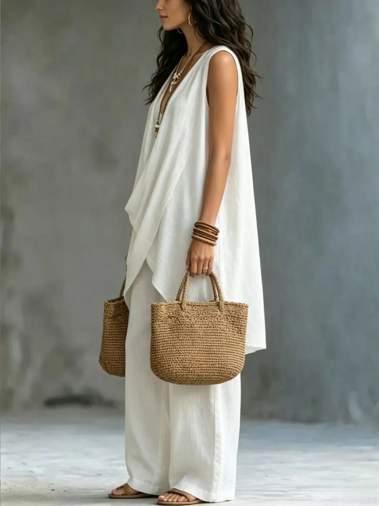 Fashion Summer Sexy Loose Solid color Linen 2 Piece Set Draped Sleeveless Top High Waist Wide Leg Pants Outfit Vacation Women