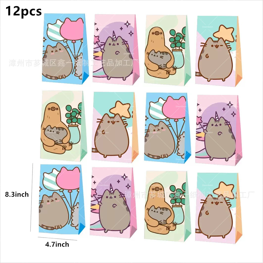 Pusheen Balloons Cartoon Cat Birthday Banner Decoration Party Supplies Backdrop Cake Topper Gift Bag Sticker Spiral Plush Doll