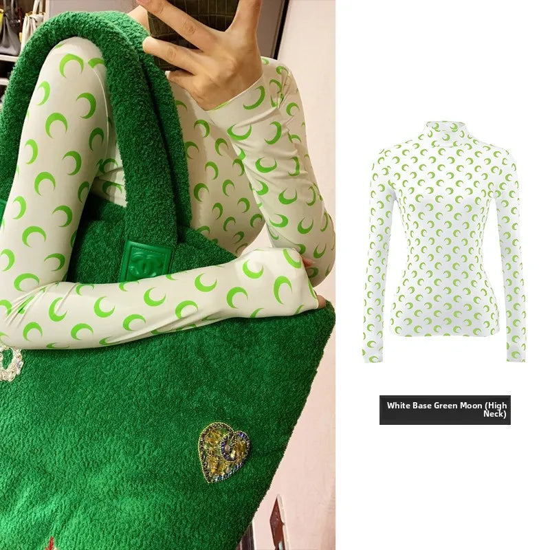 Sweet Two Piece Set Women American Retro Layered Outfit Long Sleeve Moon Print Top Ice Silk Pants Sexy Casual Autumn Fashion