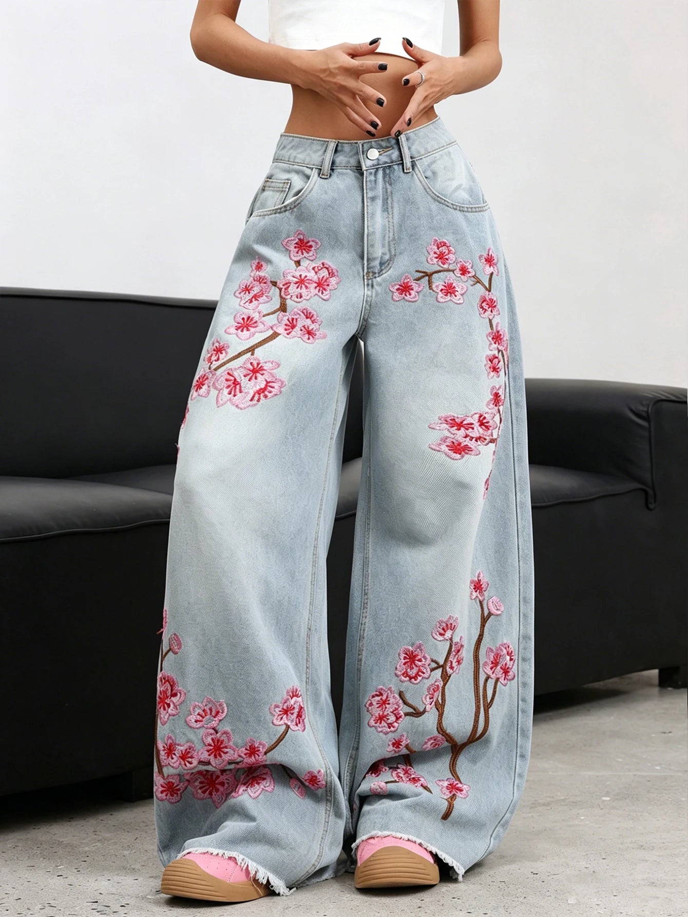 American Retro Plum Blossom Embroidery Design Blue Women's Loose Wide-Leg Jeans Y2K Street Fashion Versatile Straight Trousers