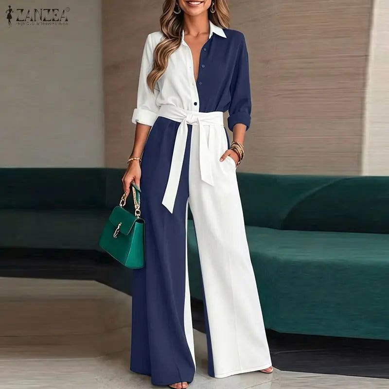 Fashion Women Matching Sets ZANZEA Autumn Long Sleeve Shirt Belted Wide Leg Pant Sets 2 Piece Chic Color-Blocking Office Outfits