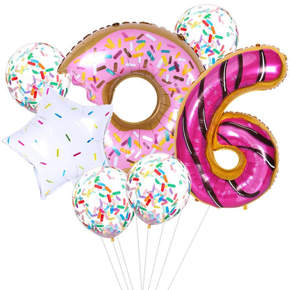 7pcs Donut Number Foil Balloons Set 1st 2nd Girls Birthday Party Decorations Candy Confetti Balloon Baby Shower Wedding Globos