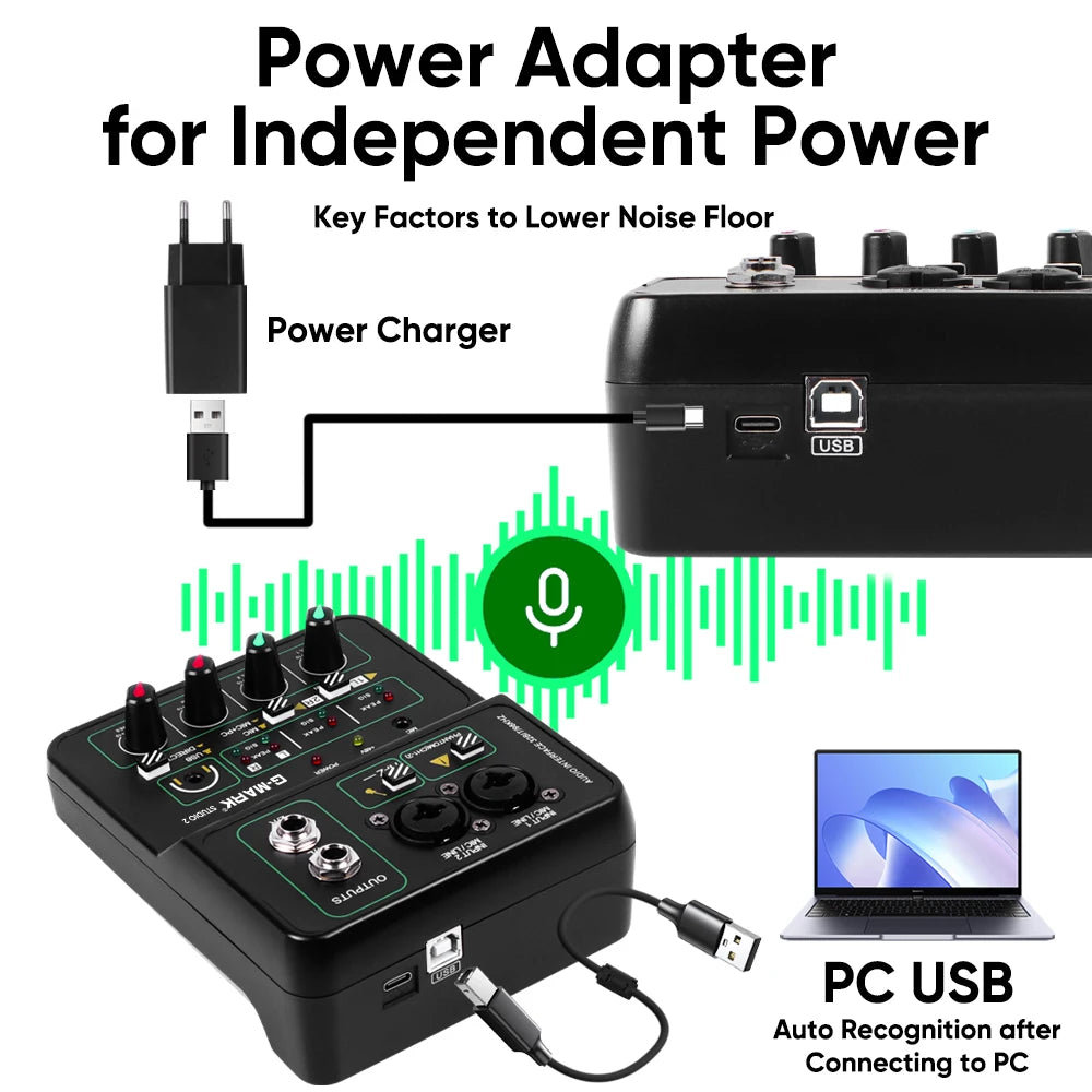G-MARK Studio 2 Mini 2-Channel Audio Mixer with 48V Phantom Power 32-bit 96kHz Sound Interface for Recording Podcasting Live Streaming And DJ Parties
