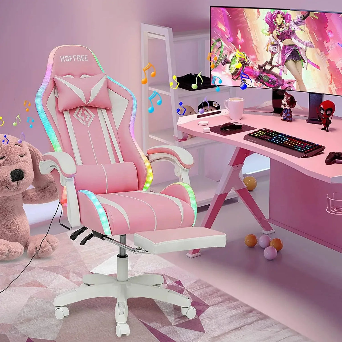 Fashion High Back Video Game Chair with Speakers Massage Computer Gaming Chair with LED Lights and Footrest