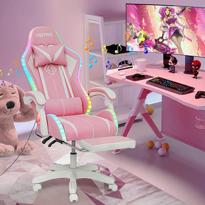 Fashion High Back Video Game Chair with Speakers Massage Computer Gaming Chair with LED Lights and Footrest