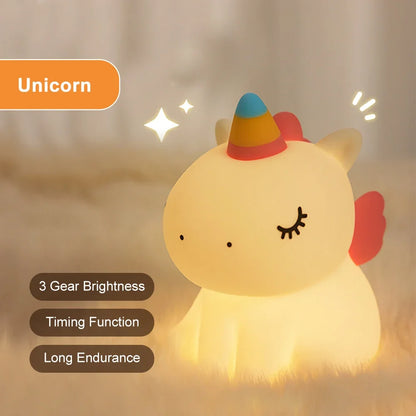 unicorn Cute Silicone LED Night Light For Kids children USB Rechargeable Cartoon Animal bedroom decor for Touch Night Lamp gifts