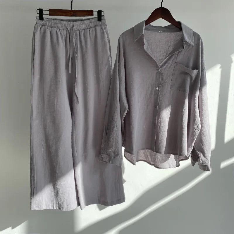 Cotton And Linen Solid Color Pant Sets Women Single-breasted Shirts And Drawstring Loose Wide Legs Trousers Two Piece Set Casual