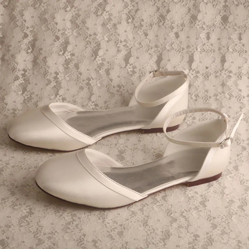 Customized Heel Ivory Satin Flat Bridal Wedding Shoes Rubber Sole Closed Toe Dance Shoes Flat with Ankle Strap