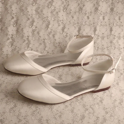 Customized Heel Ivory Satin Flat Bridal Wedding Shoes Rubber Sole Closed Toe Dance Shoes Flat with Ankle Strap