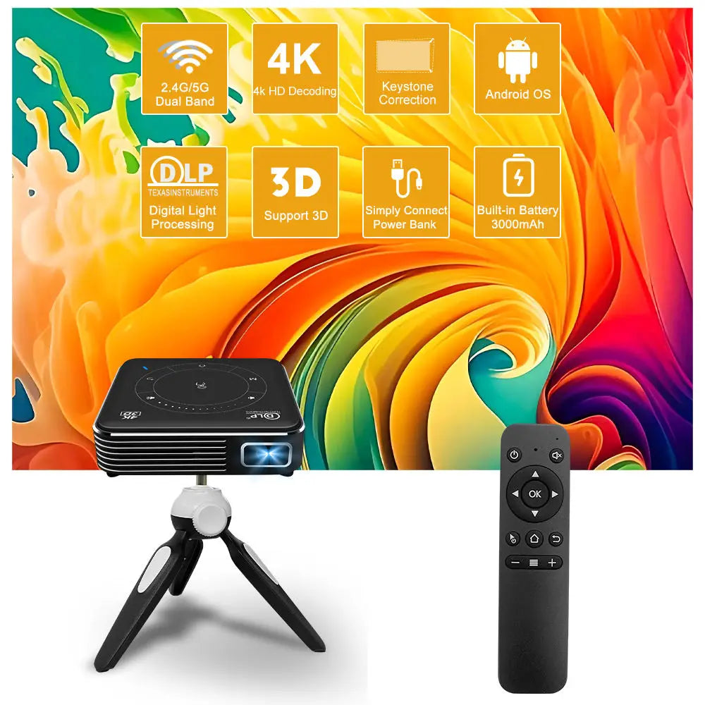 4K DLP LED Mini Portable Projector Model P11 16GB 32GB Android Smart Phone 1080p HD 2G 4G RAM Built-in Battery HIFI Stereo
