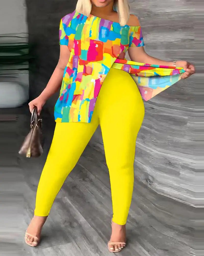 Womens Two Peice Sets Summer Fashion Print Short Sleeve Suit Set Femme Casual Sporty 2Pce One-Shoulder Split Hem Tops &Pants Set
