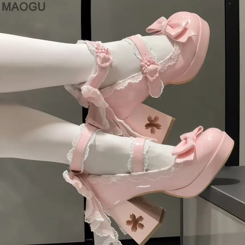 Lovely Girls Pink Lolita Butterfly Knot High Heels Platform Shoes for Women Cute Sakura Dress Mary Janes Beige Size 34-42