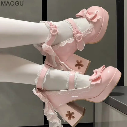 Lovely Girls Pink Lolita Butterfly Knot High Heels Platform Shoes for Women Cute Sakura Dress Mary Janes Beige Size 34-42