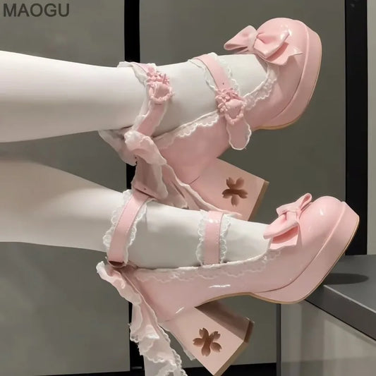 Lovely Girls Pink Lolita Butterfly Knot High Heels Platform Shoes for Women Cute Sakura Dress Mary Janes Beige Size 34-42