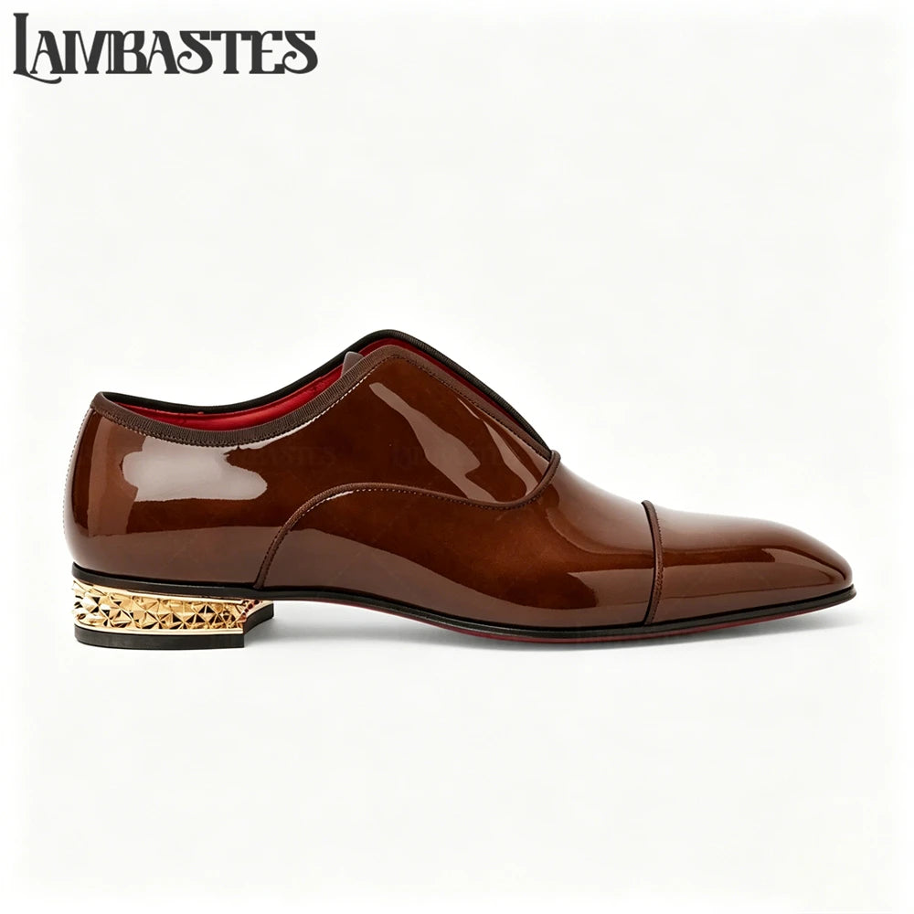 Gold Geometric Heel Patent Leather Mens Loafers Polished Glossy Upper Red Lining Formal Dress Shoes Embossed Gold Heel Loafers
