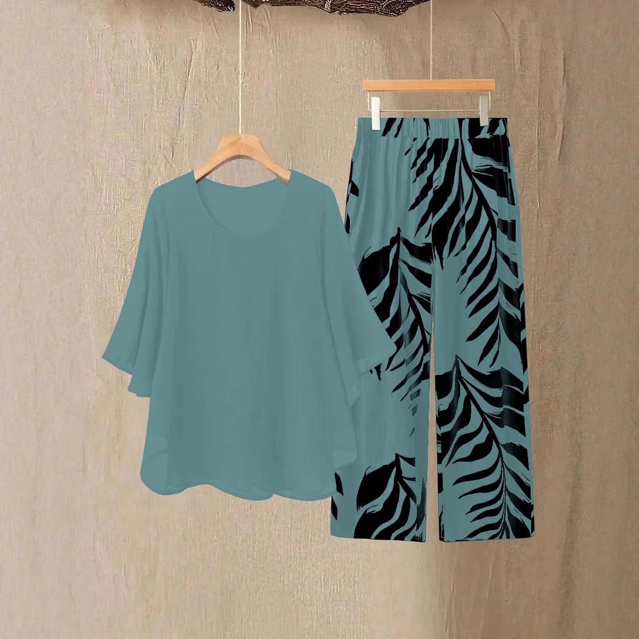 Lady Colorful O Neck Loose Suit Casual Chiffon Set Three Quarter Sleeve Top Wide Leg Pants Women Outfit Comfortable 2 Piece Sets