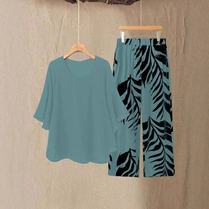 Lady Colorful O Neck Loose Suit Casual Chiffon Set Three Quarter Sleeve Top Wide Leg Pants Women Outfit Comfortable 2 Piece Sets