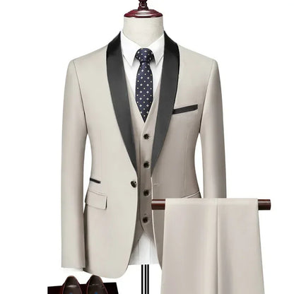 US Size Men Lapel Black Collar 3 Pcs Suit Set Coat Vest Trousers / Business Groom Wedding Dress Fprmal Blazer Pants Waistcoat