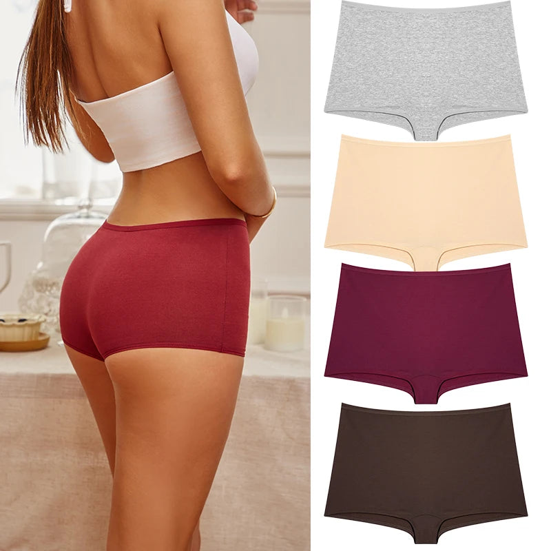 4PCS/Set Women Cotton Panties Sexy Low Rise Boyshorts Seamless Sports Boxers Female Comfortable Underwear Solid Color Lingerie