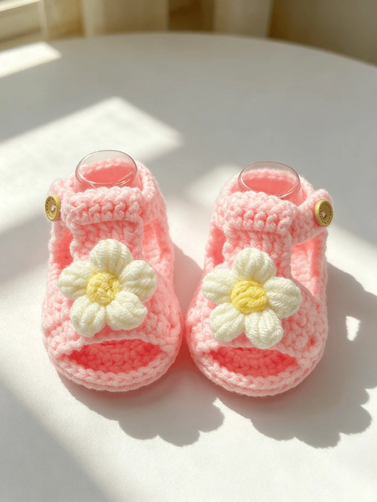 1 Pair Crochet Baby Girl Sandal Booties, Pink, Daisy Flower Accent with Button Strap, Infant Shoes