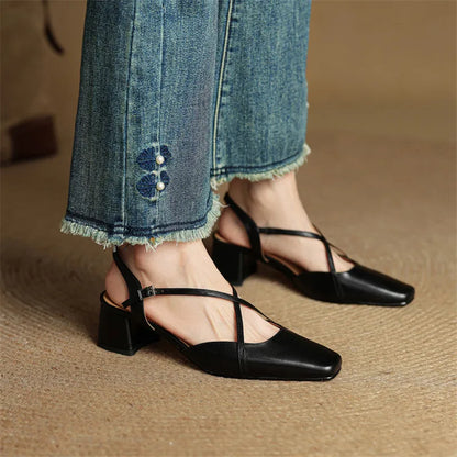 New Genuine Leather Summer Sandals Women Shoes Square Toe Sandals for Women Fashion Versatile Cover Toe Mid Heels Sandals