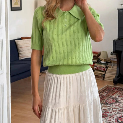 Elegant Women's Summer Hollow Out Knit Tops Short Sleeve Turn Down Collar Solid Color Cutout T-shirt