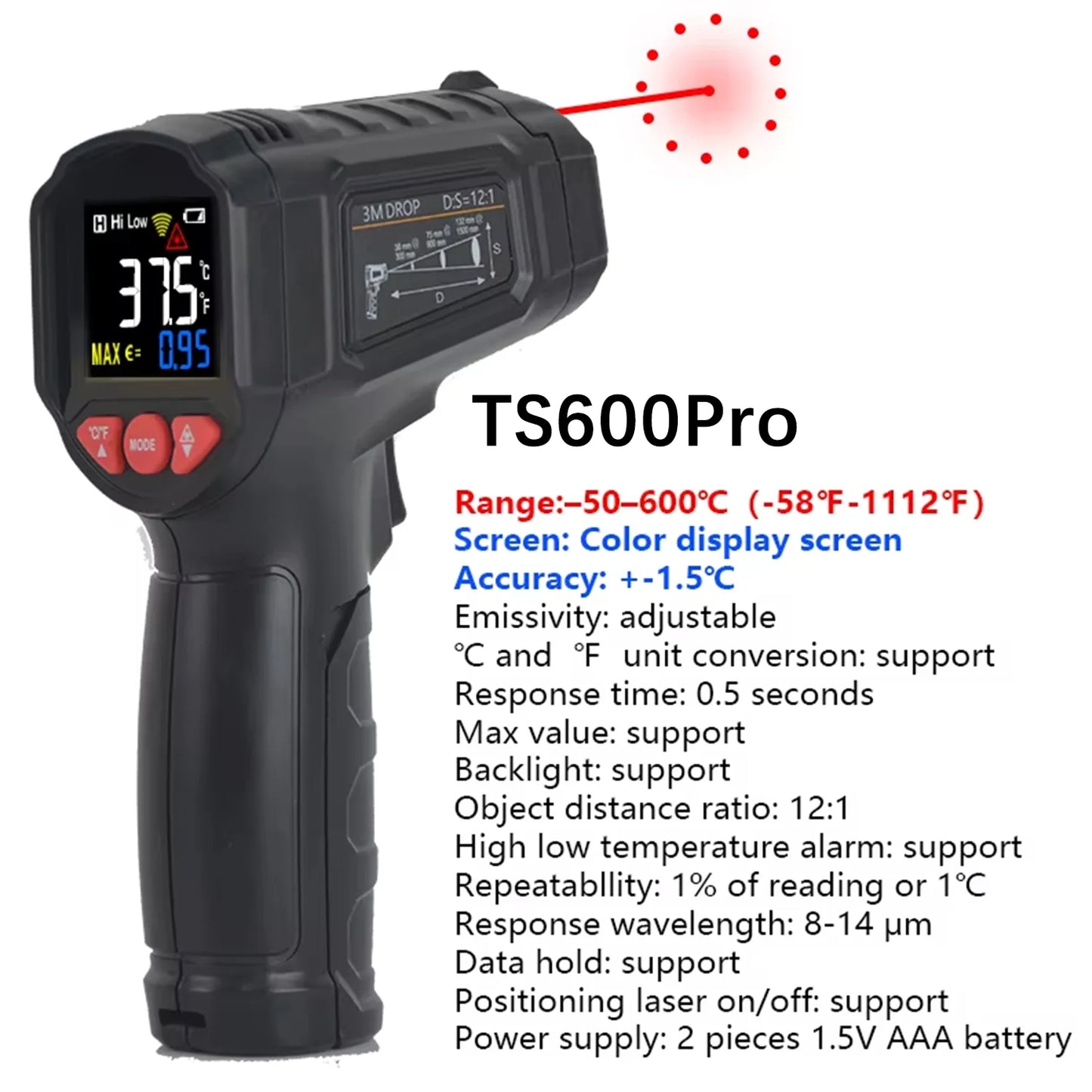 -50 to 800 Degree Mestek Digital Infrared Thermometer Laser Temperature Meter Non-contact Pyrometer Hygrometer IR Thermometer