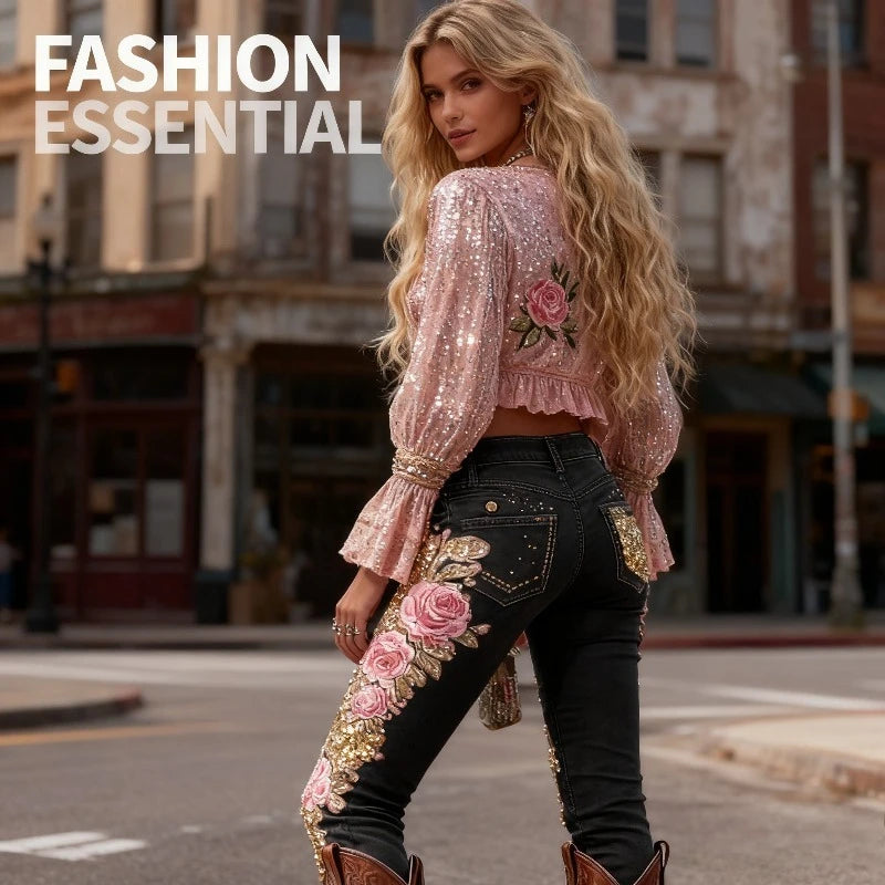 3D Floral Women's Straight Leg Jeans Fashionable and Casual Stretch
