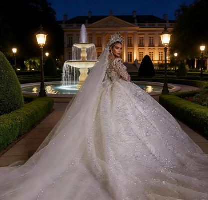 Customzie Graceful Luxurious Ball Gown Wedding Dresses V Neck Long Sleeve Robe De Mariee Lace Beade d Princess